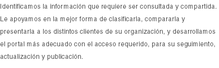 Identificamos la información que requiere ser consultada y compartida. Le apoyamos en la mejor forma de clasificarla, compararla y presentarla a los distintos clientes de su organización, y desarrollamos el portal más adecuado con el acceso requerido, para su seguimiento, actualización y publicación. 