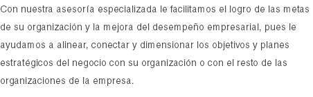 Con nuestra asesoría especializada le facilitamos el logro de las metas de su organización y la mejora del desempeño empresarial, pues le ayudamos a alinear, conectar y dimensionar los objetivos y planes estratégicos del negocio con su organización o con el resto de las organizaciones de la empresa.