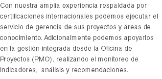 Con nuestra amplia experiencia respaldada por certificaciones internacionales podemos ejecutar el servicio de gerencia de sus proyectos y áreas de conocimiento. Adicionalmente podemos apoyarlos en la gestión integrada desde la Oficina de Proyectos (PMO), realizando el monitoreo de indicadores, análisis y recomendaciones. 