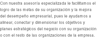 Con nuestra asesoría especializada le facilitamos el logro de las metas de su organización y la mejora del desempeño empresarial, pues le ayudamos a alinear, conectar y dimensionar los objetivos y planes estratégicos del negocio con su organización o con el resto de las organizaciones de la empresa.