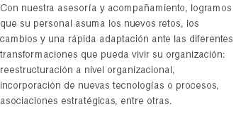 Con nuestra asesoría y acompañamiento, logramos que su personal asuma los nuevos retos, los cambios y una rápida adaptación ante las diferentes transformaciones que pueda vivir su organización: reestructuración a nivel organizacional, incorporación de nuevas tecnologías o procesos, asociaciones estratégicas, entre otras.