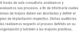 A través de esta consultoría analizamos y evaluamos sus procesos, a fin de informarle cuáles áreas de mejora deben ser abordadas y definir el plan de implantación respectivo. Dichas auditorías las realizamos respecto al proceso definido en su organización y también a las mejores prácticas. 